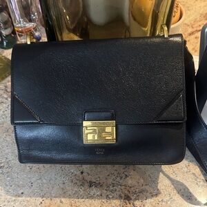 Fendi Black Leather Crossbody with Gold Accents